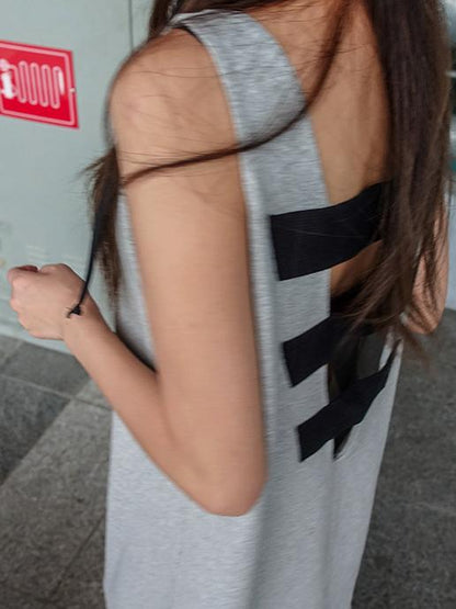 Gray Backless Sleeveless Split-side Long T-shirt Dress