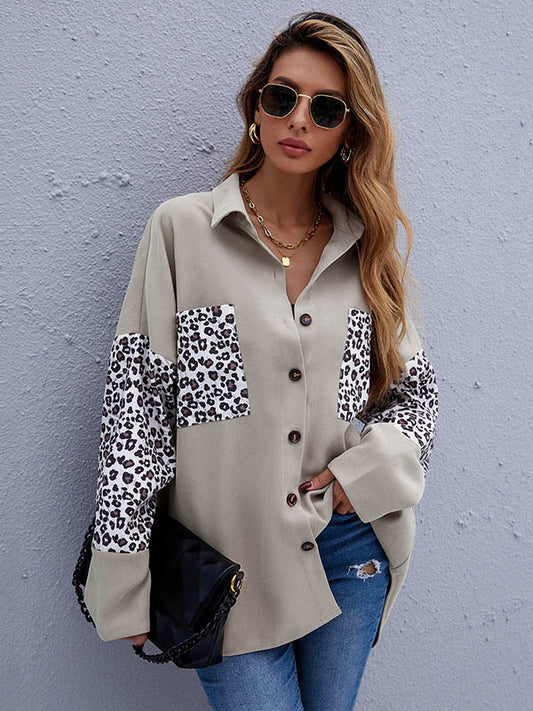 Casual Split-Joint Leopard Buttoned Lapel Collar Long Sleeves Blouse Outwear