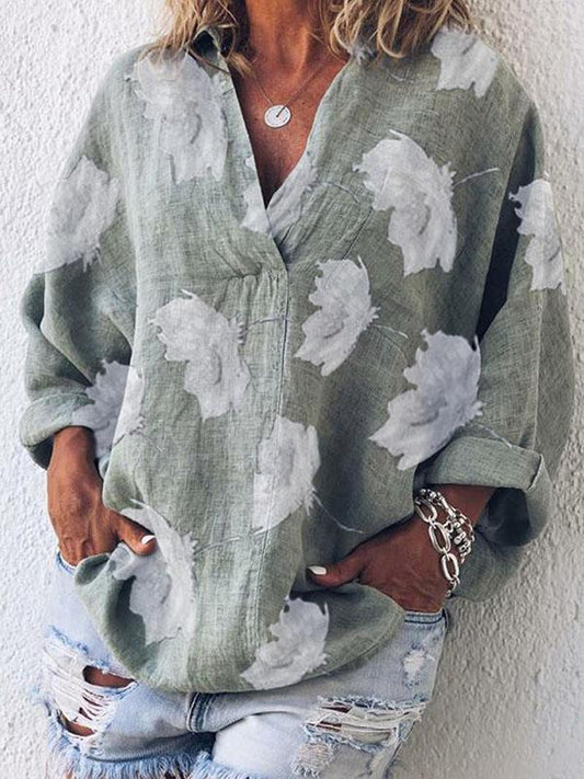 V-neck Printed Long Sleeve Blouses&ShirtsTops