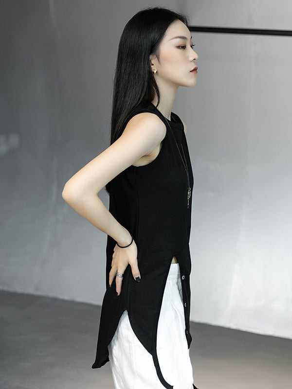 Simple Black&White Split-Side Sleeveless Round-Neck Vest