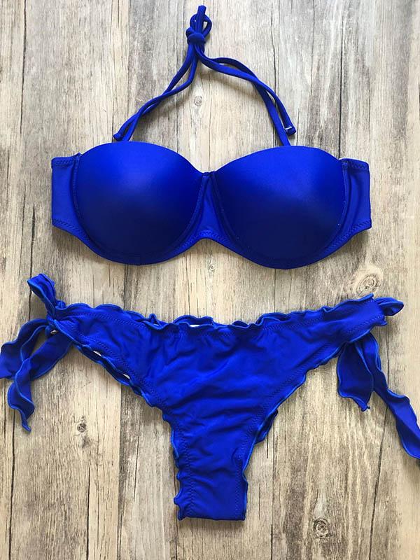 Solid Color Ruffled Knotted Split Bikini Swimsuit