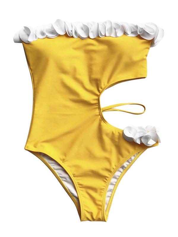 Lace Asymmetric Bandeau One-Piece Swimwear