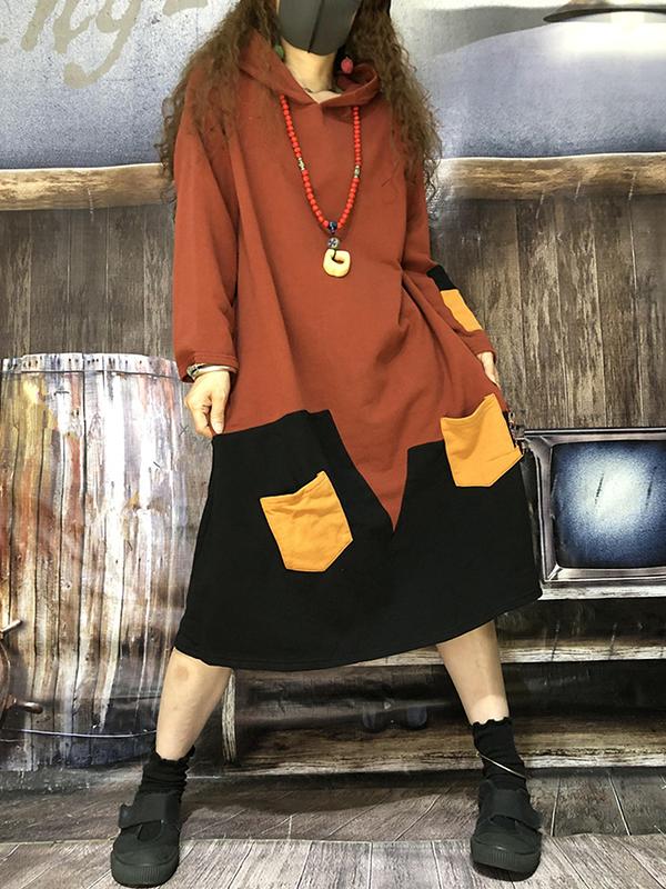 Buykud Color Block Spliced Hooded Loose Dress