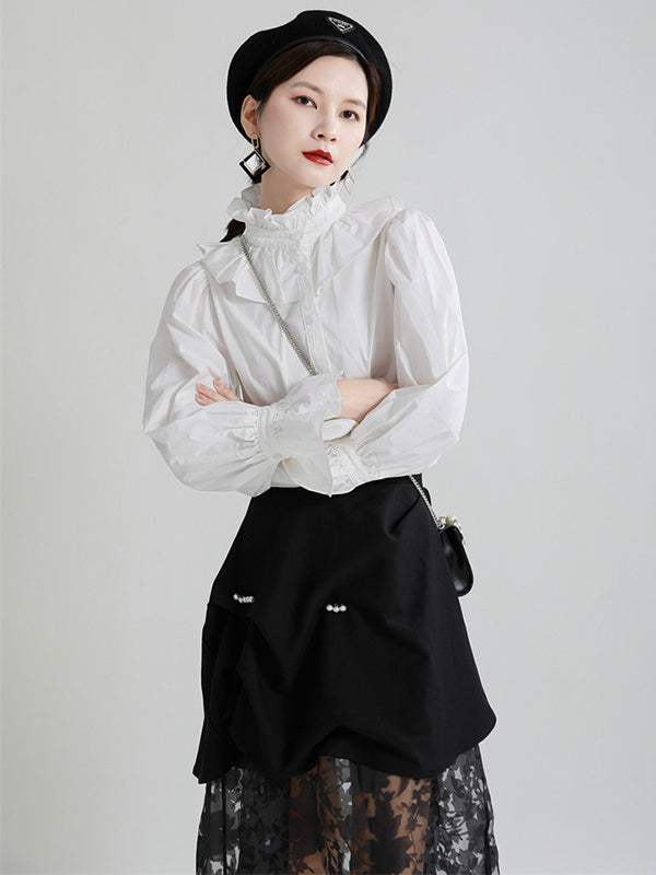 Stylish Solid Color Falbala Buttoned Pleated Stand Collar Long Puff Sleeves High-Waist Blouse
