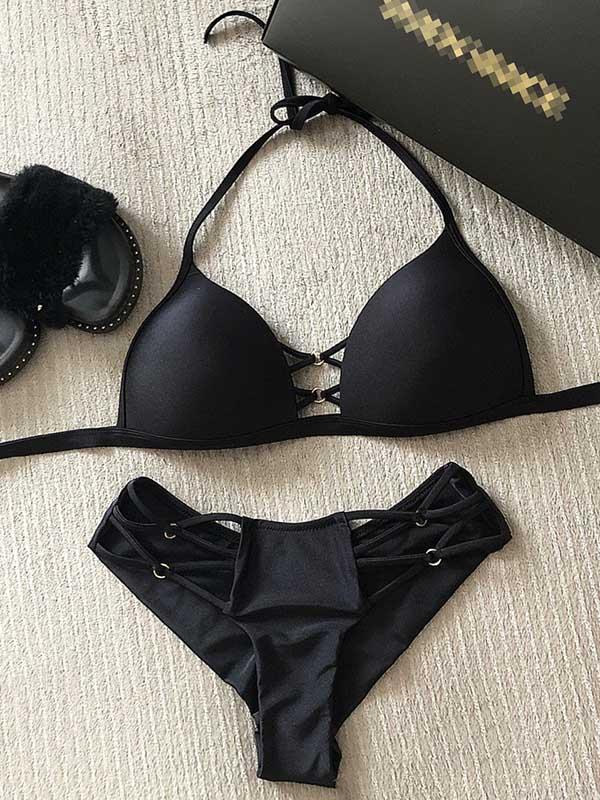Solid Color Bandage Hollow Split Bikini Swimsuit