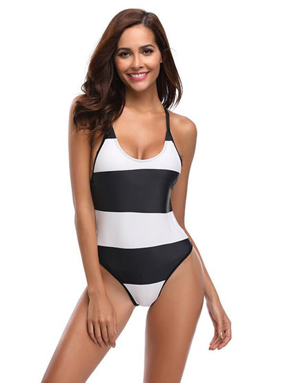 Backless Striped One-piece Swimwear