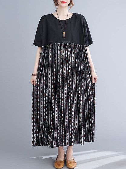 Casual Split-Joint Printed Round-Neck Half Sleeves Loose Midi Dress