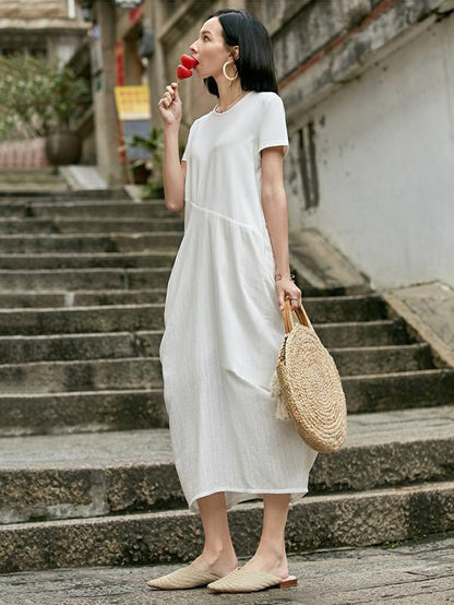 Loose White Split-joint Cropped Round-neck Long Dress
