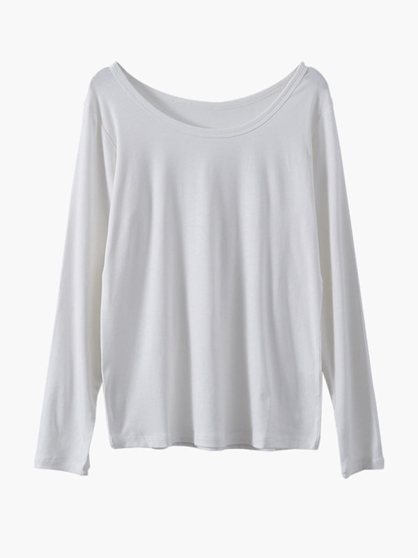 Casual Solid Color Long Sleeves Round-Neck T-Shirt Tops