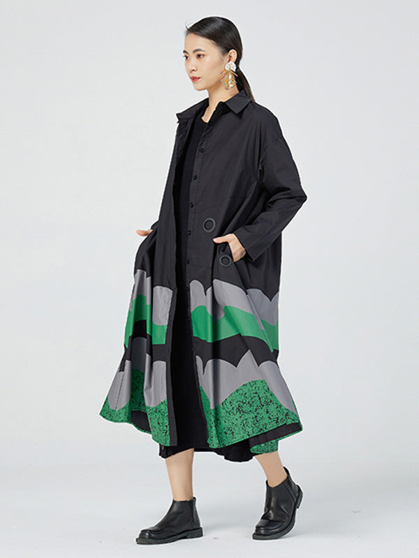 Original Buttoned Contrast Color Lapel Long Sleeves Midi Dress