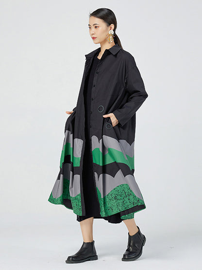 Original Buttoned Contrast Color Lapel Long Sleeves Midi Dress
