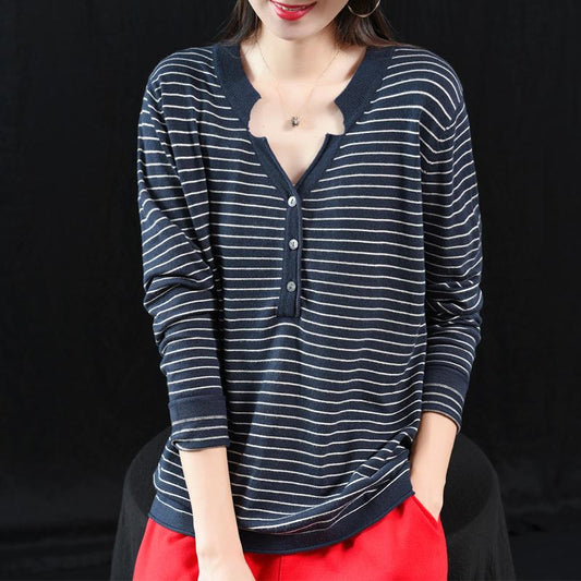 Buykud V-Neck Striped Long Sleeve Casual Blouse