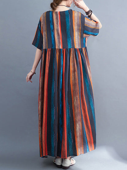 Original Loose Striped Contrast Color Pleated Midi Dress