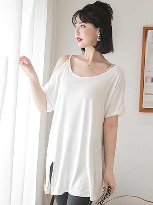 Casual Solid Color Asymmetric Cold Shoulder Spaghetti-Neck T-Shirt