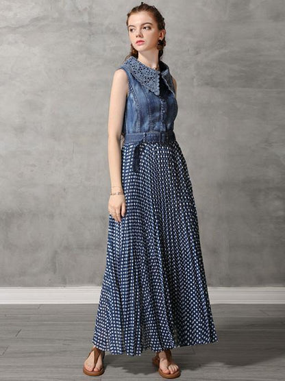 Original Polka-dot Pleated Belted Long Dress