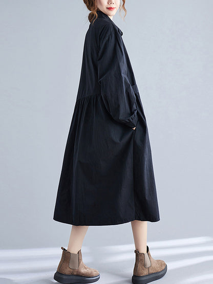 Casual Solid Color Pleated Buttoned Lapel Collar Long Sleeves Midi Shirt Dress