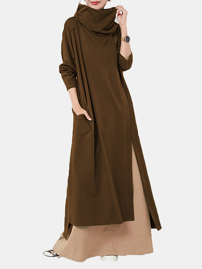 Casual Solid Color Split-Side Heaps Collar Long Sleeves Midi Dress