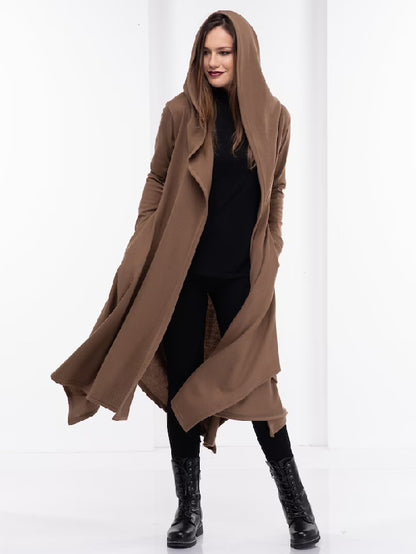 Simple Loose Coffee&Burgundy Split-Side Long Sleeves Hooded Outerwear