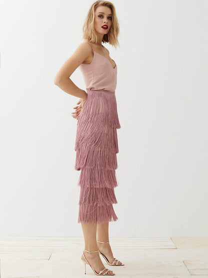 Spaghetti-neck Stacked Tassels Midi Dress