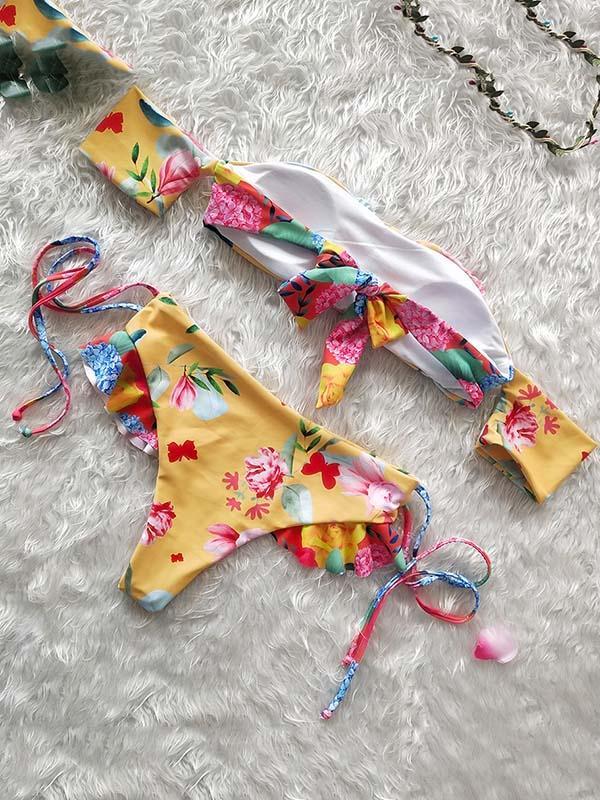 Printed Strapless Lace Up Bikinis Swimwear