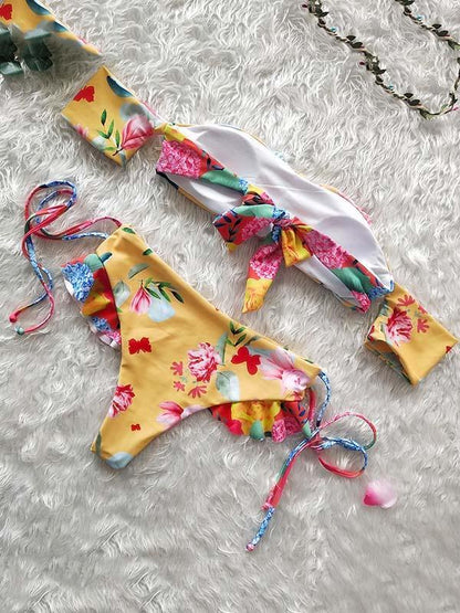 Printed Strapless Lace Up Bikinis Swimwear