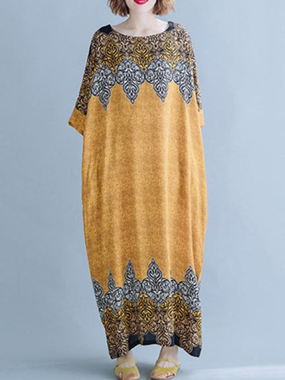 Casual Floral Printed Round-neck Maxi Dress