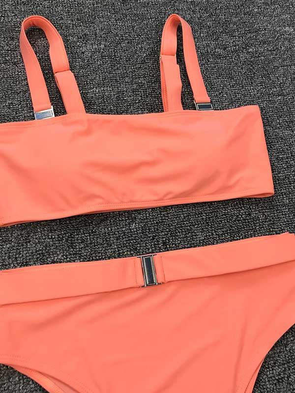 Solid Color Metal Buckle Bikini Swimsuit