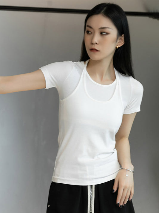 Stylish Halterneck Solid Color False Two Short Sleeves T-Shirt