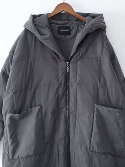 Simple White Duck Down Over Knee Solid Color Zipper Hooded Down Wear Coat