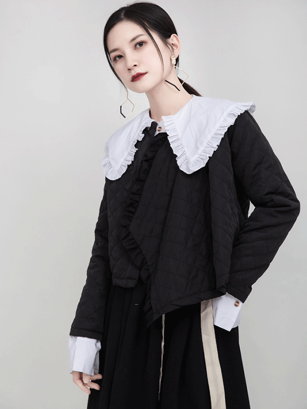 Original Black Asymmetric Rhombic Vintage Cotton-Padded Coat