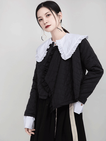 Original Black Asymmetric Rhombic Vintage Cotton-Padded Coat