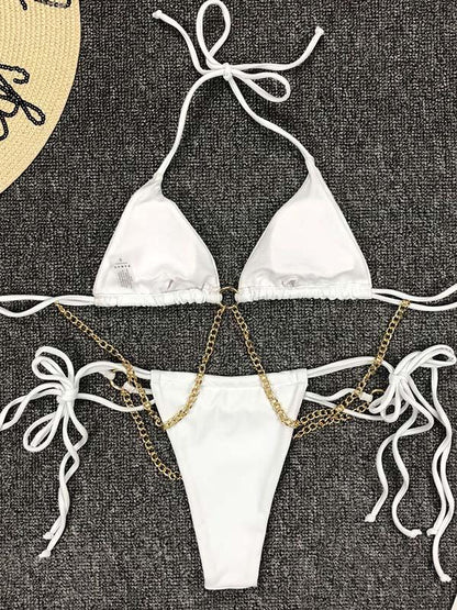 Solid Color Chain Bandage Split Bikini Swimsuit