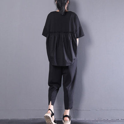 Women Black Cotton Short Sleeve Pleated Loose Tops