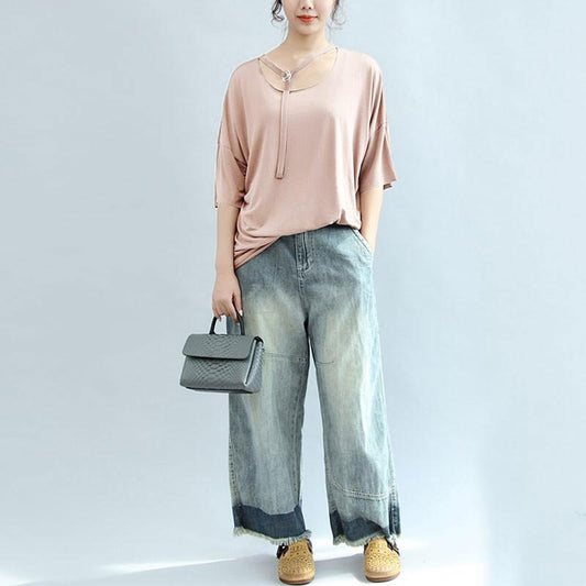 Modal Summer Women Loose Casual Plain Light Pink Shirt
