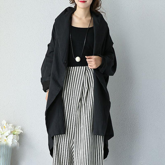 Women Literature Elegant Loose Shoulder Sleeve Black Coat