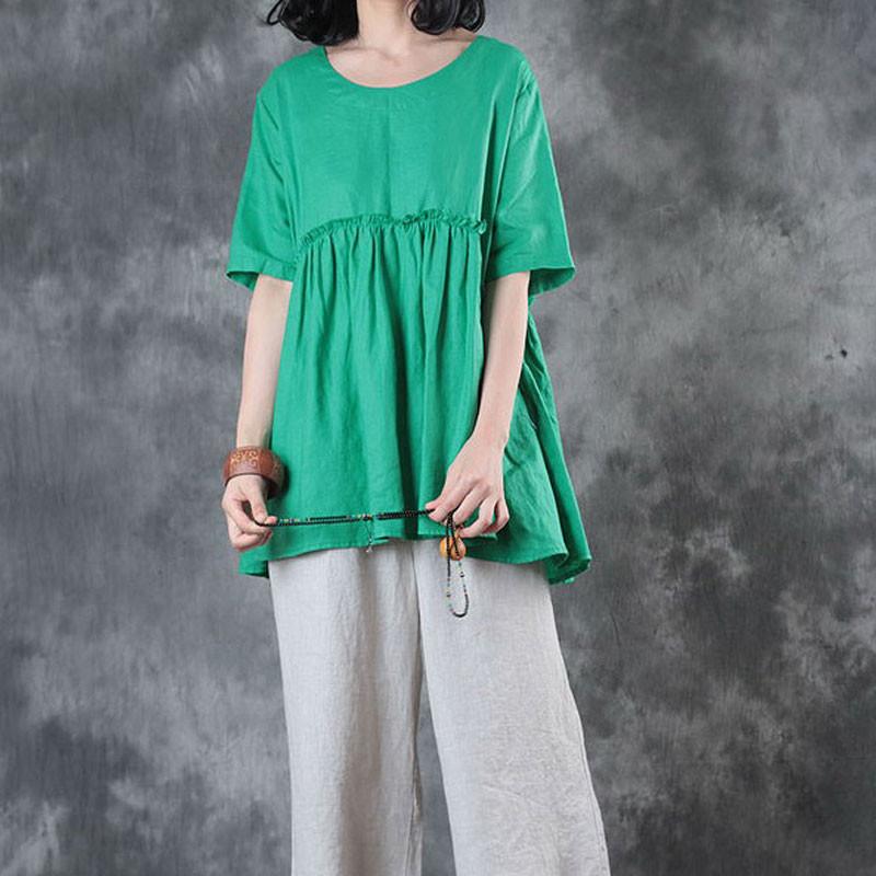 Women Splicing Pleated Short Sleeves Loose Women Green Shirt