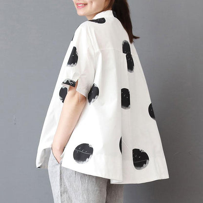 Stand Collar Short Sleeve Loose Cotton White Shirt