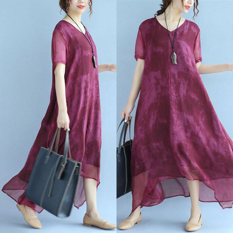 Retro Dyeing Women Loose Casual Silk Irregular Summer Rose Red Dress