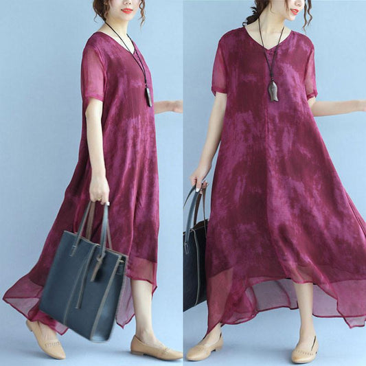 Retro Dyeing Women Loose Casual Silk Irregular Summer Rose Red Dress
