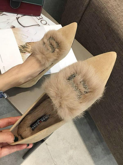 Rhinestone S Letter Artificial Fur Pointed Shoes