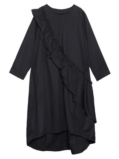 LOOSE BLACK FALBALA HIGH-LOW DRESS