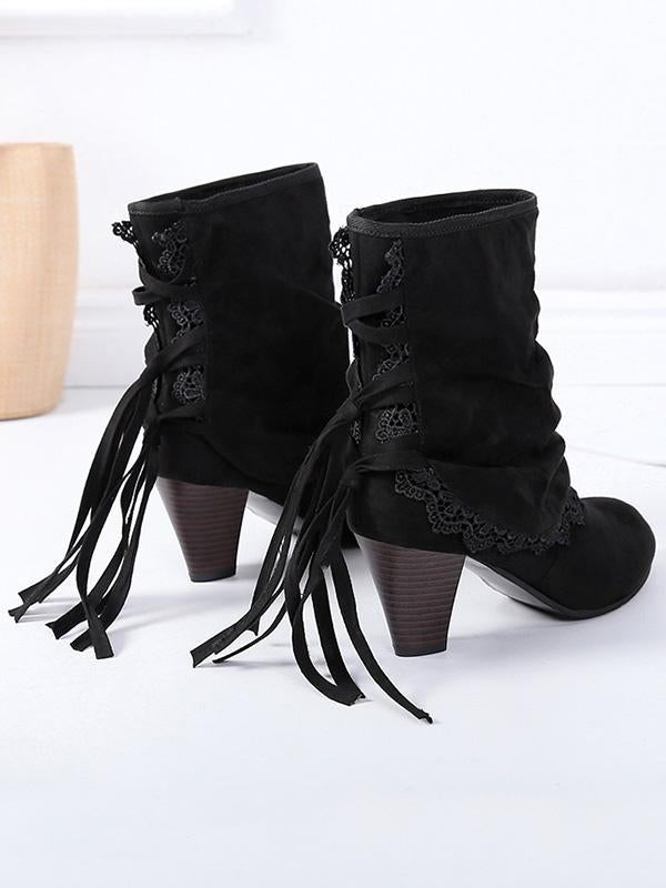 Solid Color Bandage Tasseled Purfle Lace Ankle Boots Shoes