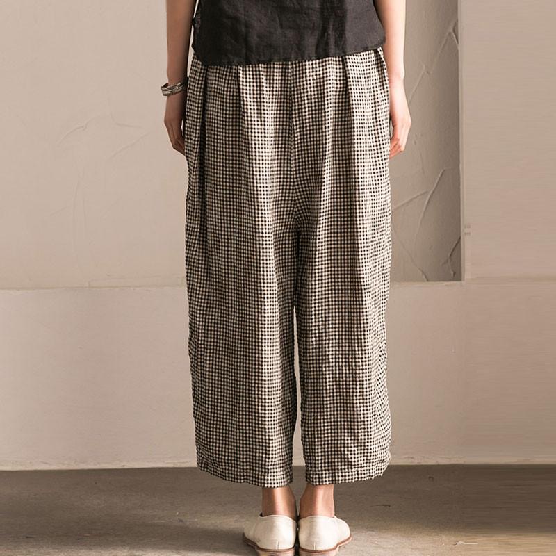 Irregular Women Lattice Loose Linen Cotton Long Pants