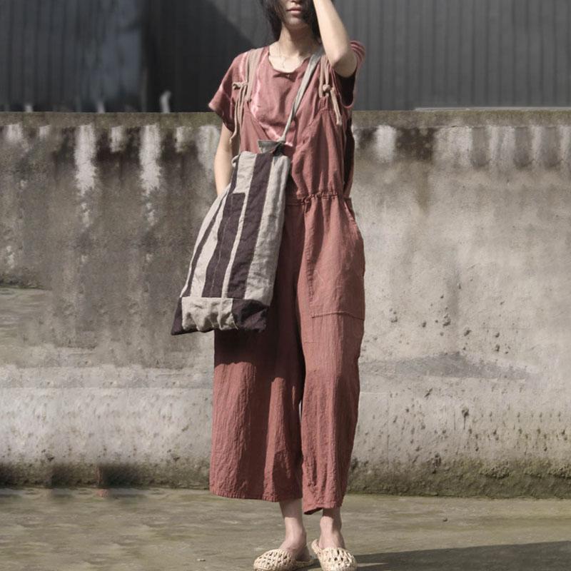Retro Women Rompers Loose Flax Cotton Jumpsuit