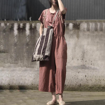Retro Women Rompers Loose Flax Cotton Jumpsuit