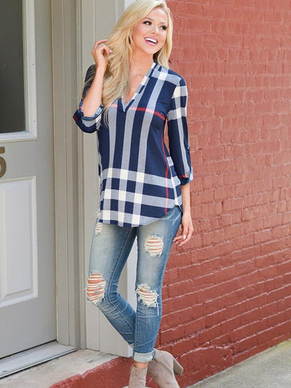 Popular Fashion Gingham V Neck 3/4 Sleeve Loose T-Shirt Tops