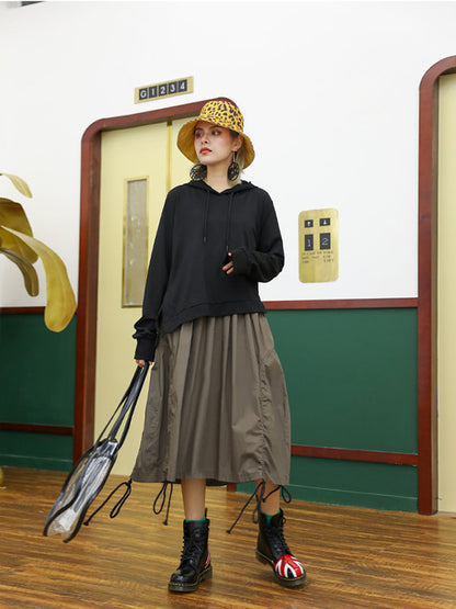 Retro False Two Split-joint Drawstring Sweatshirt Dress