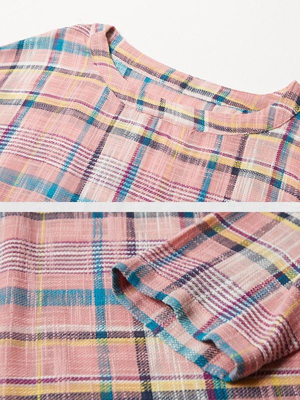Classic Lattice Linen Loose Women Long Sleeve Pink Dress
