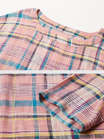 Classic Lattice Linen Loose Women Long Sleeve Pink Dress