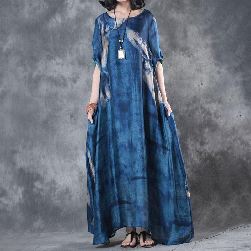 Retro Three Quarter Sleeve Printed Blue Long Dress